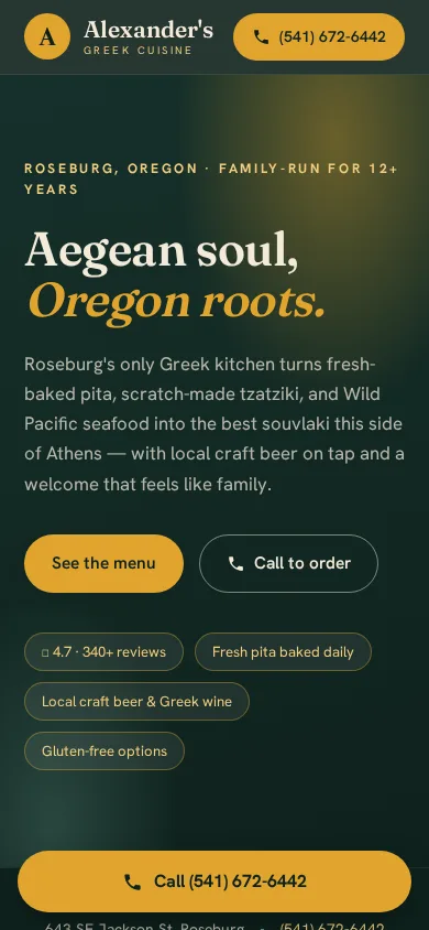 Alexander's Greek Cuisine mobile homepage: hero with 'Aegean soul, Oregon roots' headline, call and order buttons, hours and address.