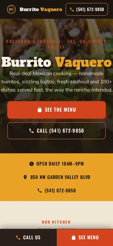 Burrito Vaquero mobile homepage: hero with 'Burrito Vaquero' headline, see-menu and order buttons over a food photo.