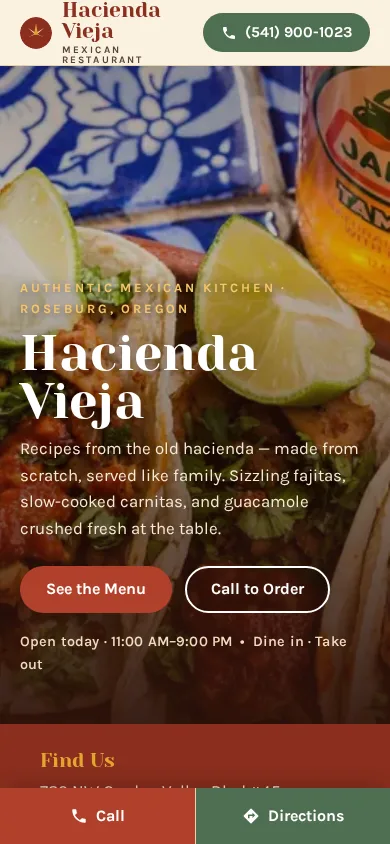Hacienda Vieja mobile homepage: hero with taco photography, 'Hacienda Vieja' headline, call and see-menu buttons, hours.