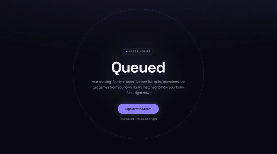 Queued landing page: 'After Hours' tag, 'Queued' headline, description of mood-based game matching, and a Sign in with Steam button.